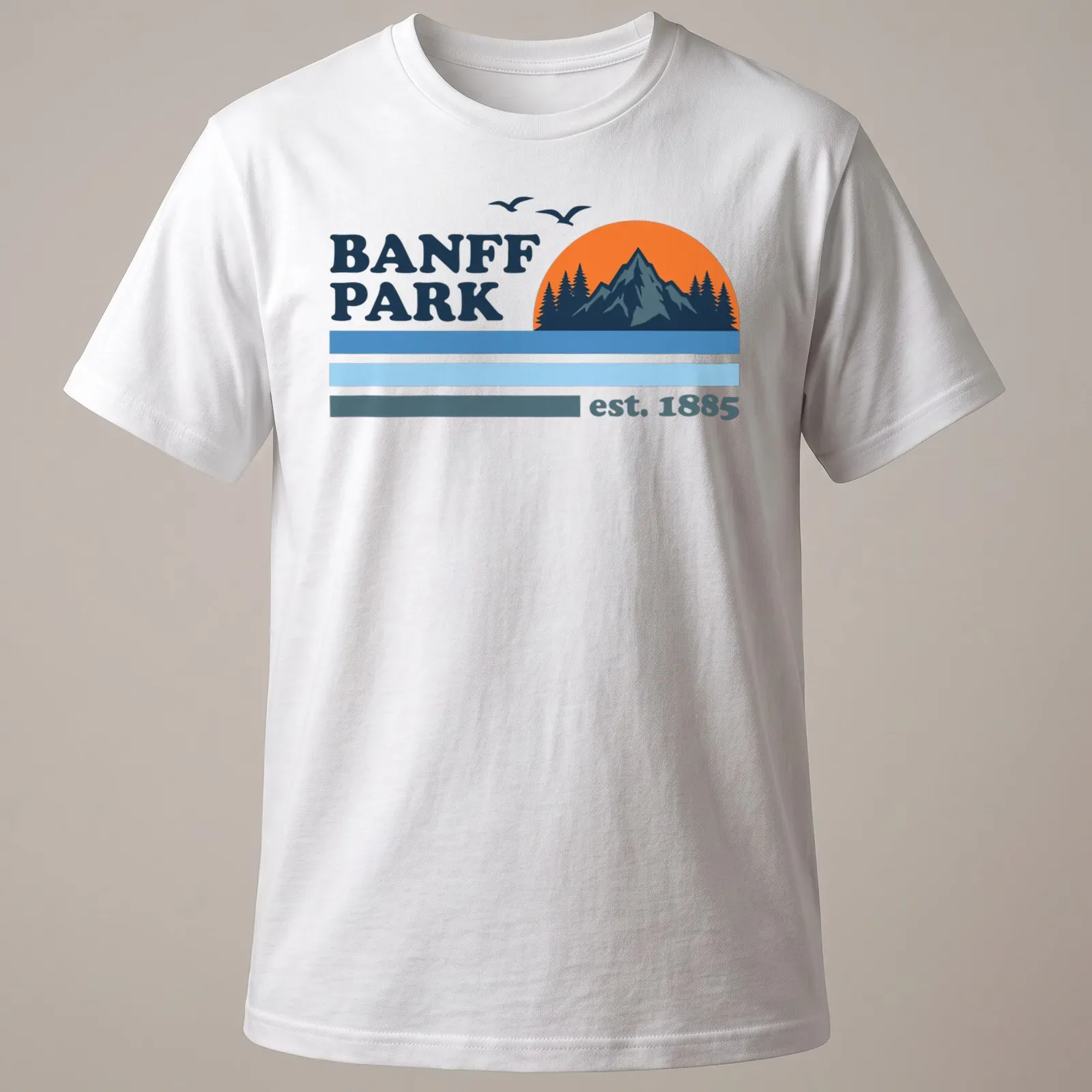 Vintage style t-shirt featuring a mountain sunset with trees in orange and blue — printed on a unisex t-shirt