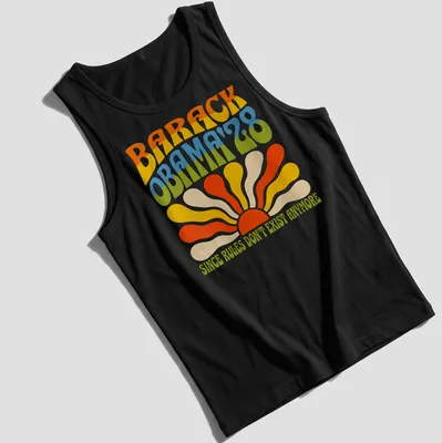 Psychedelic sunburst design featuring Barack Obama and humorous text — printed on a tank top