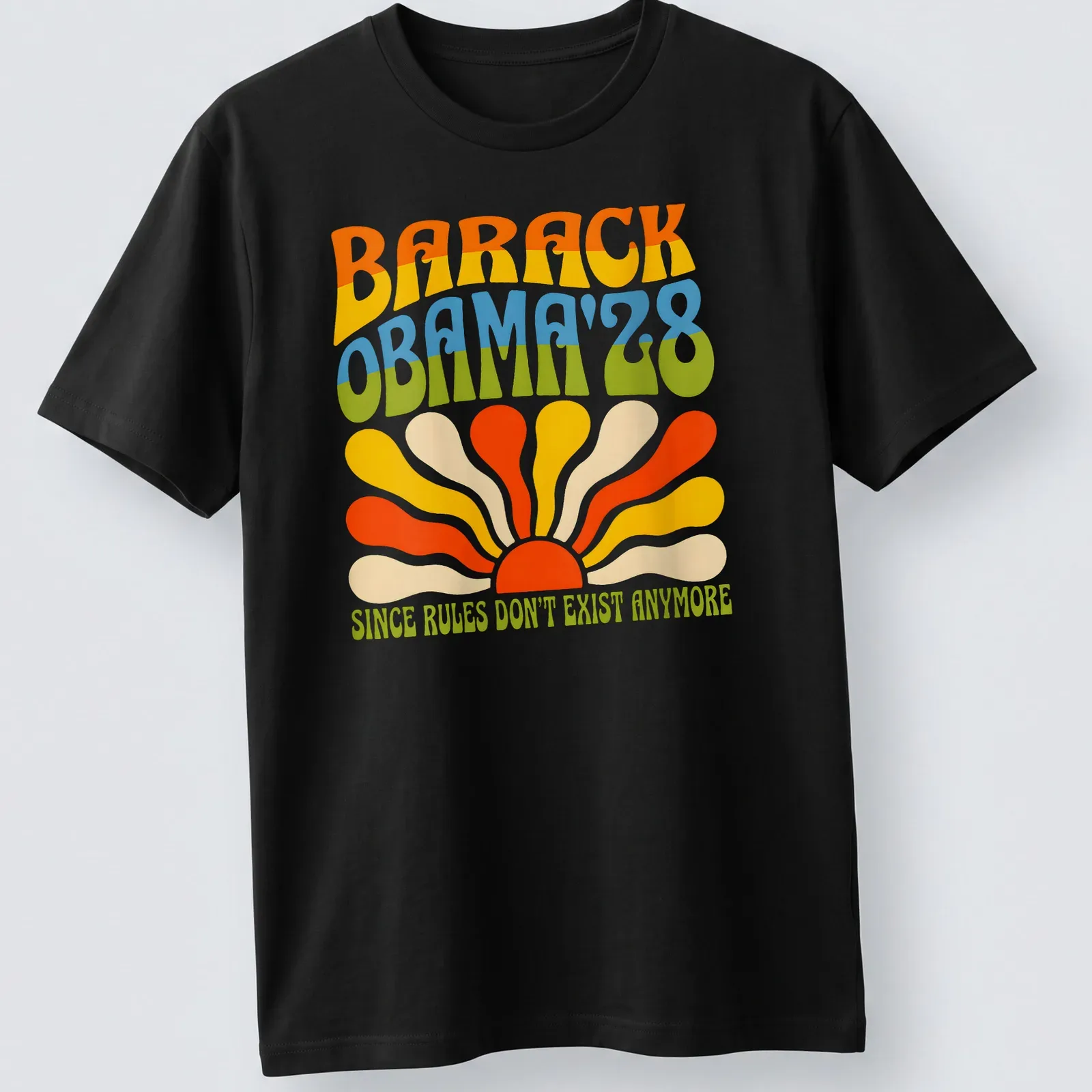 Psychedelic sunburst design featuring Barack Obama and humorous text — printed on a unisex t-shirt