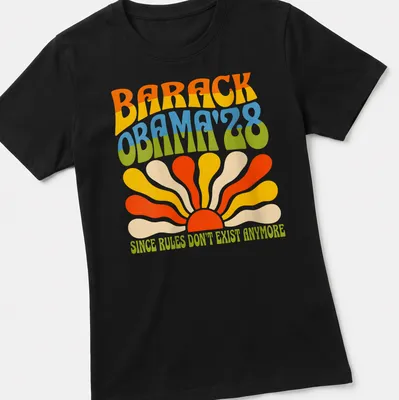 Psychedelic sunburst design featuring Barack Obama and humorous text — printed on a women's shirt