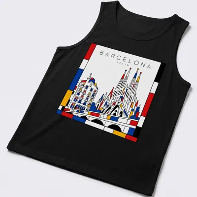 Graphic of Barcelona architecture in Mondrian style with bold colors — printed on a tank top