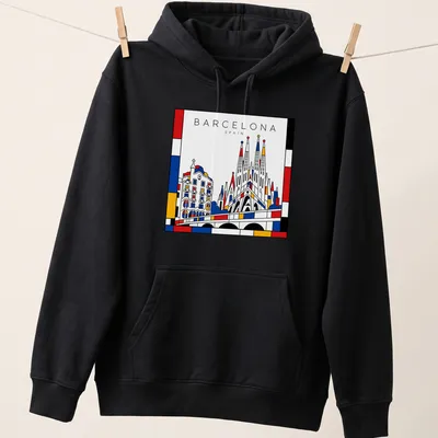 Graphic of Barcelona architecture in Mondrian style with bold colors — printed on a unisex hoodie