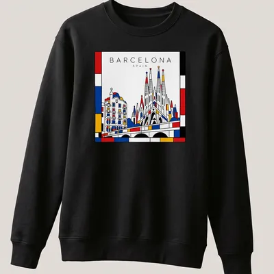 Graphic of Barcelona architecture in Mondrian style with bold colors — printed on a unisex sweatshirt