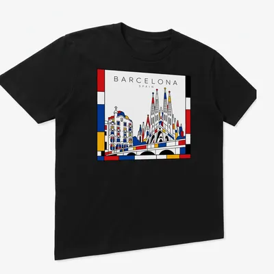Graphic of Barcelona architecture in Mondrian style with bold colors — printed on a unisex t-shirt (angled view)