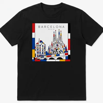 Graphic of Barcelona architecture in Mondrian style with bold colors