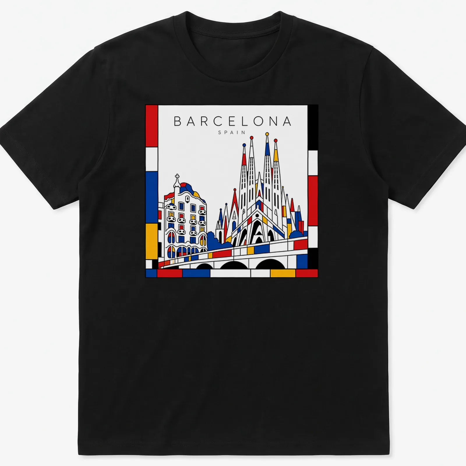 Graphic of Barcelona architecture in Mondrian style with bold colors — printed on a unisex t-shirt