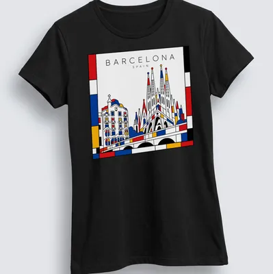 Graphic of Barcelona architecture in Mondrian style with bold colors — printed on a women's shirt