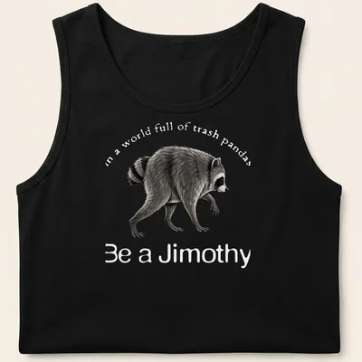 Vintage-style t-shirt featuring a raccoon and the phrase Be a Jimothy in grey and black — printed on a tank top