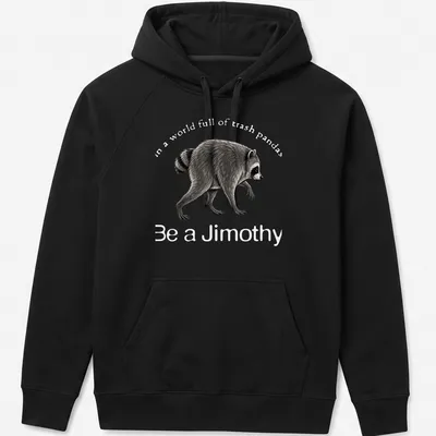 Vintage-style t-shirt featuring a raccoon and the phrase Be a Jimothy in grey and black — printed on a unisex hoodie