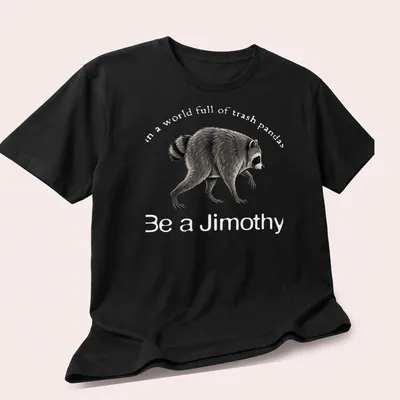 Vintage-style t-shirt featuring a raccoon and the phrase Be a Jimothy in grey and black — printed on a unisex t-shirt (angled view)