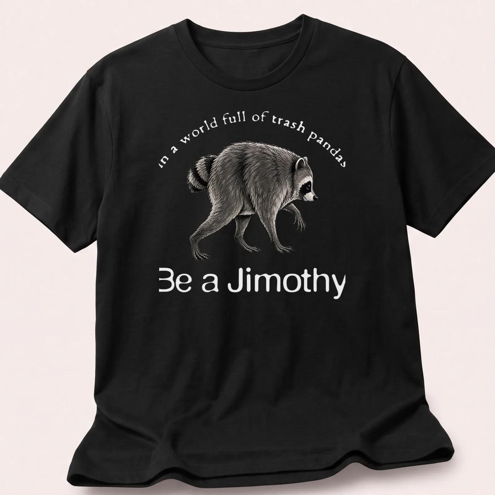 Vintage-style t-shirt featuring a raccoon and the phrase Be a Jimothy in grey and black — printed on a unisex t-shirt