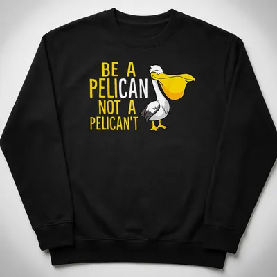 Cartoon pelican graphic with humorous text 'Be A Pelican Not A Pelican't' in yellow, white, and black — printed on a unisex sweatshirt
