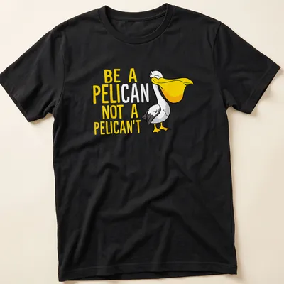 Cartoon pelican graphic with humorous text 'Be A Pelican Not A Pelican't' in yellow, white, and black