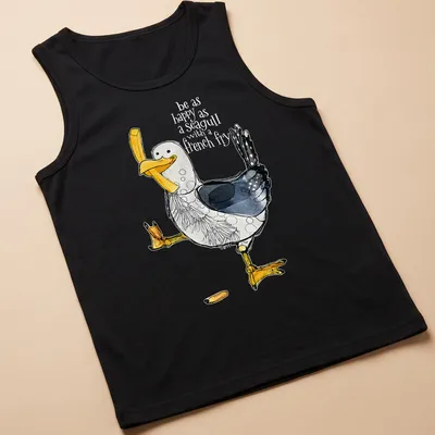 Watercolor T-shirt featuring a happy seagull with the text about happiness and french fries — printed on a tank top