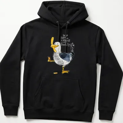 Watercolor T-shirt featuring a happy seagull with the text about happiness and french fries — printed on a unisex hoodie