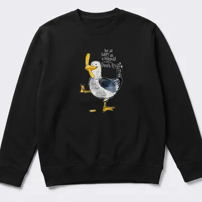 Watercolor T-shirt featuring a happy seagull with the text about happiness and french fries — printed on a unisex sweatshirt