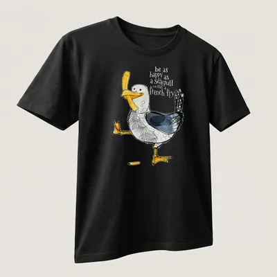 Watercolor T-shirt featuring a happy seagull with the text about happiness and french fries — printed on a unisex t-shirt (angled view)