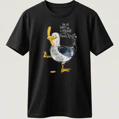 Watercolor T-shirt featuring a happy seagull with the text about happiness and french fries