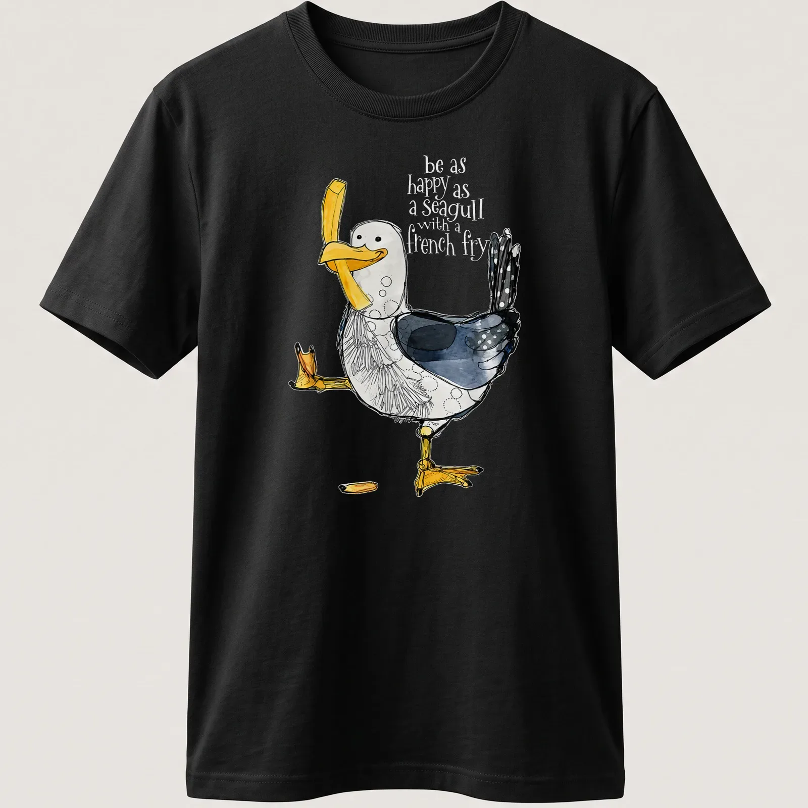 Watercolor T-shirt featuring a happy seagull with the text about happiness and french fries — printed on a unisex t-shirt