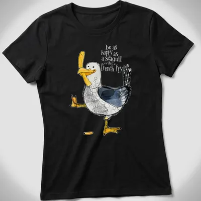 Watercolor T-shirt featuring a happy seagull with the text about happiness and french fries — printed on a women's shirt