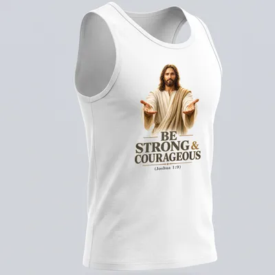 Realistic depiction of Jesus with inspirational text on a — printed on a tank top