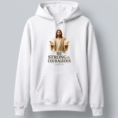 Realistic depiction of Jesus with inspirational text on a — printed on a unisex hoodie