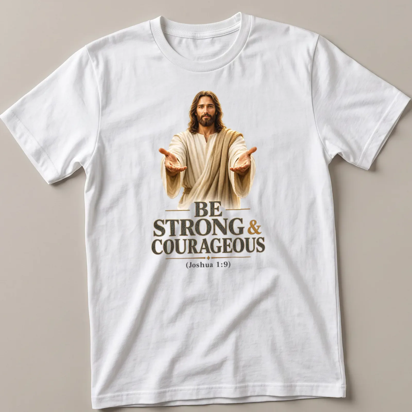 Realistic depiction of Jesus with inspirational text on a — printed on a unisex t-shirt