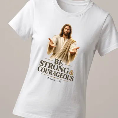 Realistic depiction of Jesus with inspirational text on a — printed on a women's shirt