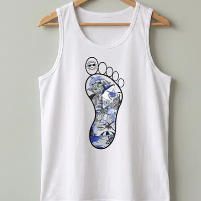 Illustrative beach footprint with ocean elements in blue, black, and gray — printed on a tank top