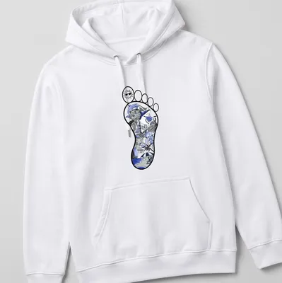 Illustrative beach footprint with ocean elements in blue, black, and gray — printed on a unisex hoodie