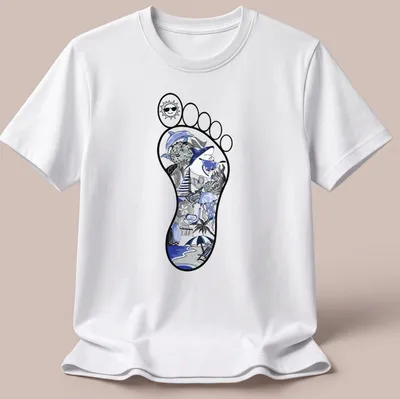 Illustrative beach footprint with ocean elements in blue, black, and gray — printed on a unisex t-shirt
