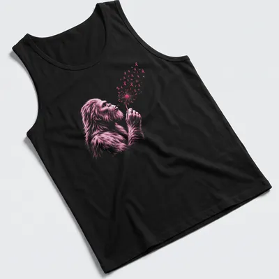 Illustration of Bigfoot blowing a dandelion with pink ribbons intertwined — printed on a tank top