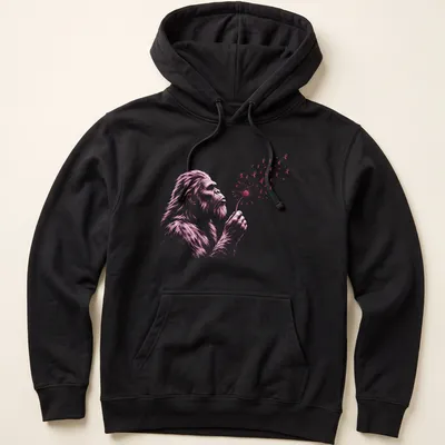 Illustration of Bigfoot blowing a dandelion with pink ribbons intertwined — printed on a unisex hoodie