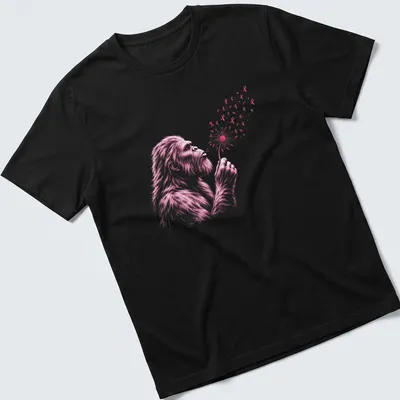 Illustration of Bigfoot blowing a dandelion with pink ribbons intertwined