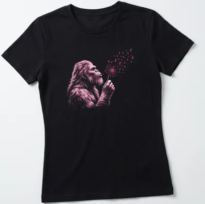 Illustration of Bigfoot blowing a dandelion with pink ribbons intertwined — printed on a women's shirt