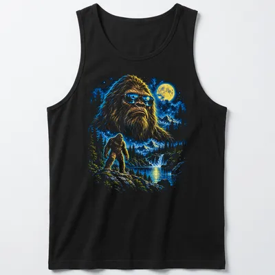 Fantasy illustration of Bigfoot in a moonlit wilderness with trees and a starry sky — printed on a tank top