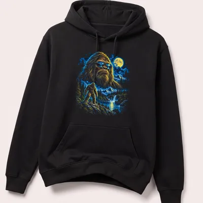 Fantasy illustration of Bigfoot in a moonlit wilderness with trees and a starry sky — printed on a unisex hoodie