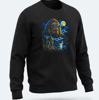 Fantasy illustration of Bigfoot in a moonlit wilderness with trees and a starry sky — printed on a unisex sweatshirt