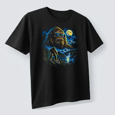 Fantasy illustration of Bigfoot in a moonlit wilderness with trees and a starry sky — printed on a unisex t-shirt (angled view)
