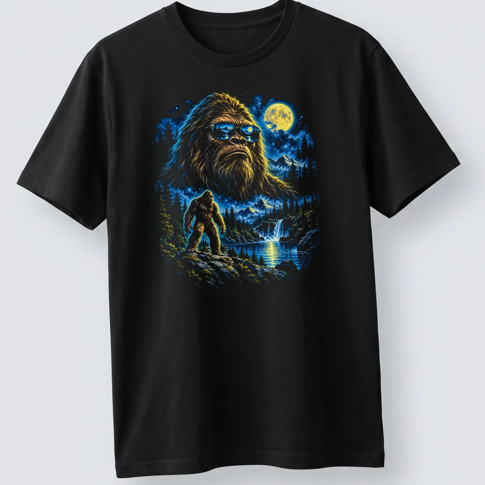 Fantasy illustration of Bigfoot in a moonlit wilderness with trees and a starry sky — printed on a unisex t-shirt