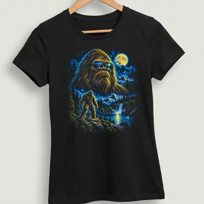 Fantasy illustration of Bigfoot in a moonlit wilderness with trees and a starry sky — printed on a women's shirt