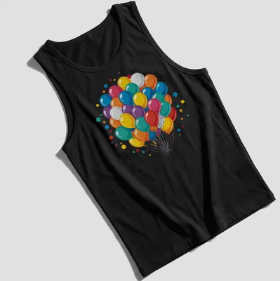 Colorful balloons and confetti illustration on a birthday-themed — printed on a tank top