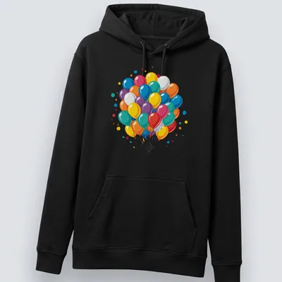 Colorful balloons and confetti illustration on a birthday-themed — printed on a unisex hoodie