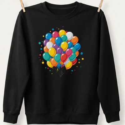 Colorful balloons and confetti illustration on a birthday-themed — printed on a unisex sweatshirt