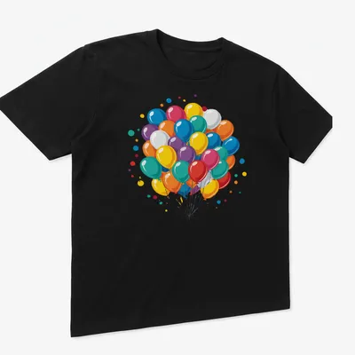 Colorful balloons and confetti illustration on a birthday-themed — printed on a unisex t-shirt (angled view)