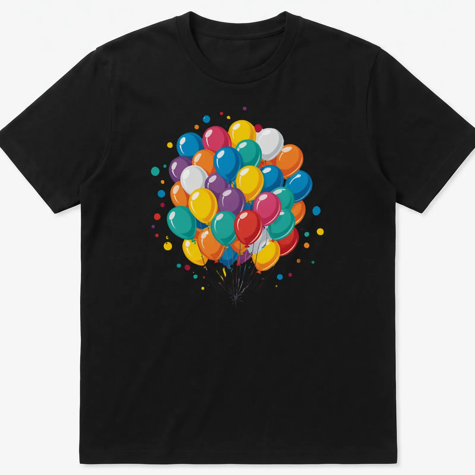 Colorful balloons and confetti illustration on a birthday-themed — printed on a unisex t-shirt