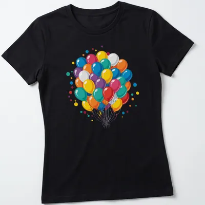 Colorful balloons and confetti illustration on a birthday-themed — printed on a women's shirt