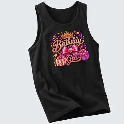 Colorful illustration of a pink crown with gifts and bows, text 'Birthday Girl' — printed on a tank top