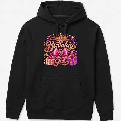 Colorful illustration of a pink crown with gifts and bows, text 'Birthday Girl' — printed on a unisex hoodie