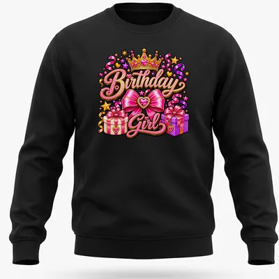 Colorful illustration of a pink crown with gifts and bows, text 'Birthday Girl' — printed on a unisex sweatshirt